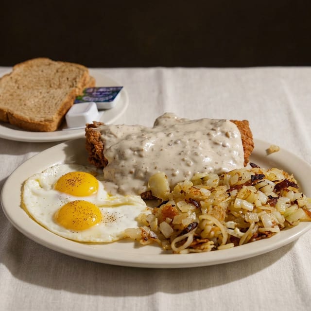 Country Fried Steak, With 2 Eggs Home Fries, topped With Sausage Gravy & Toast.