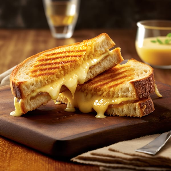 A grilled cheese sandwich, cut in half, with melted cheese oozing out onto a wooden board.